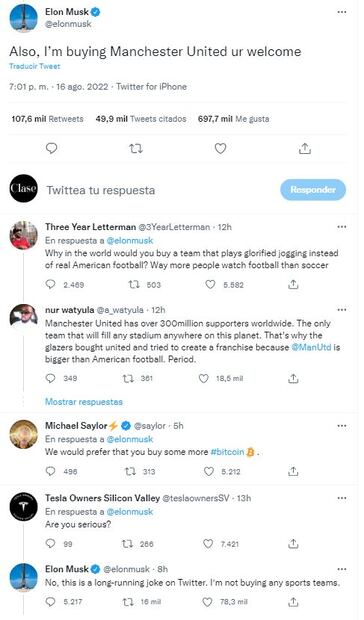 Elon Musk anuncia que comprará el Manchester United: "Es broma"