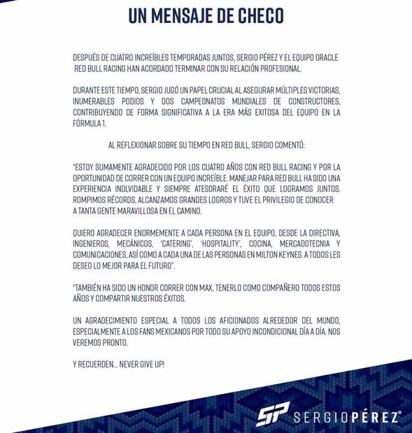 El mensaje de Sergio 'Checo' Pérez tras su salida de Red Bull / Foto: X