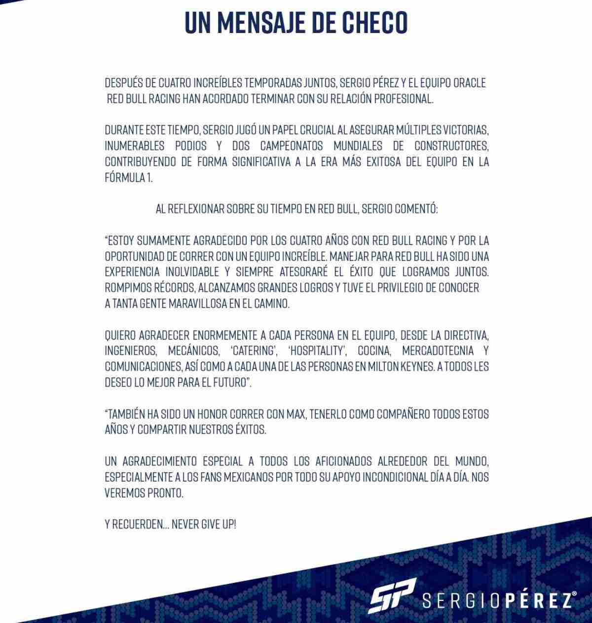 El mensaje de Sergio 'Checo' Pérez tras su salida de Red Bull / Foto: X