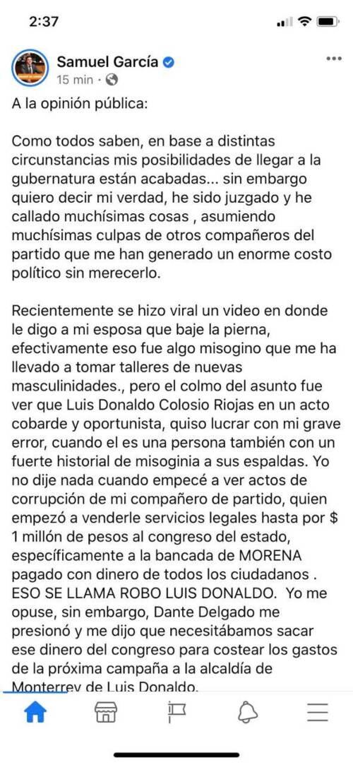 Samuel García “renuncia” a Movimiento Ciudadano; denuncia hackeo