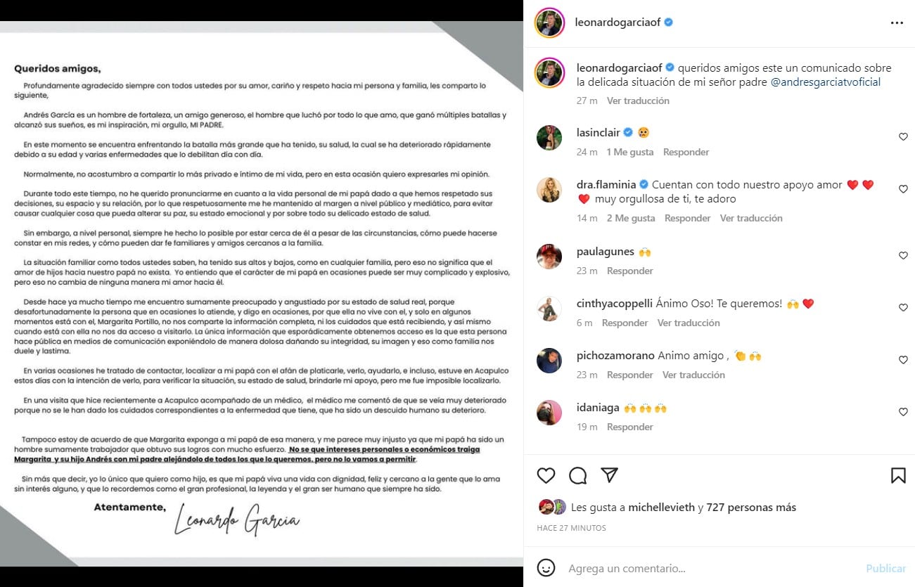Leonardo, hijo de Andrés García, se manifiesta en contra de lo dicho por Margarita Portillo