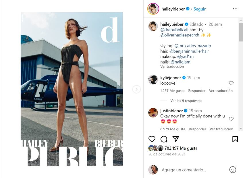 Hailey Bieber usando la tendencia 'No pants'/Instagram.