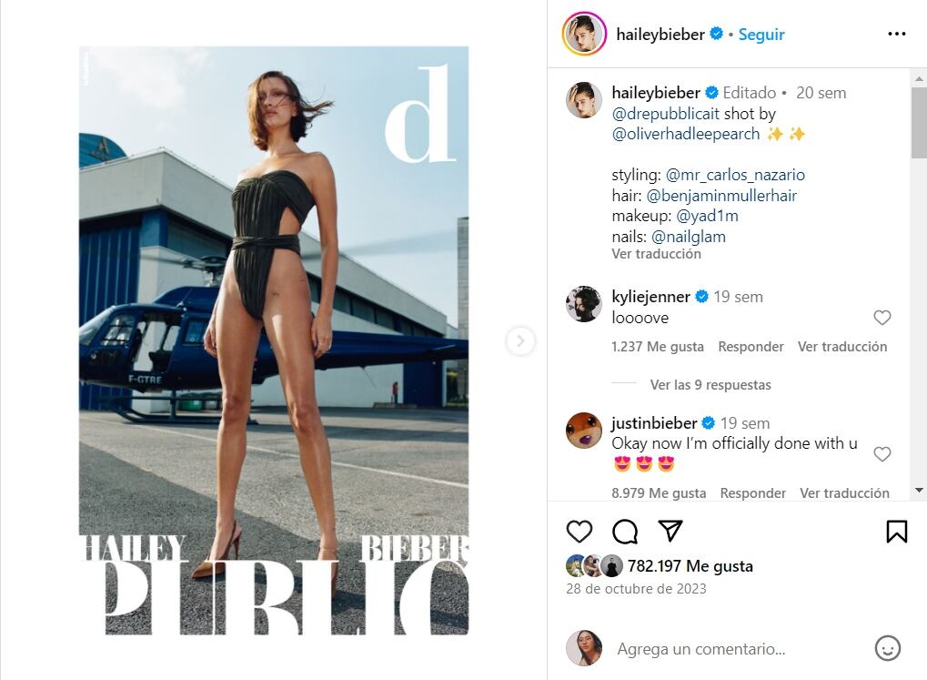 Hailey Bieber usando la tendencia 'No pants'/Instagram.