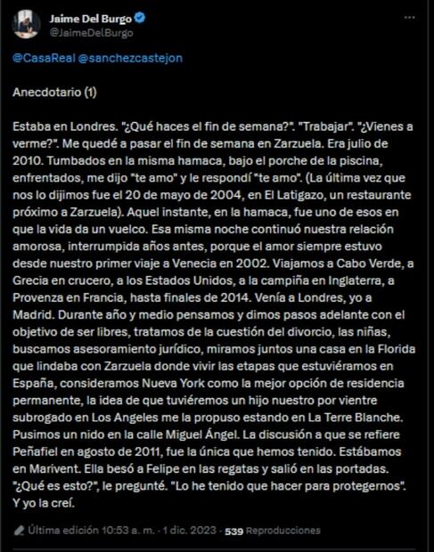 Los mensajes eliminados de Jaime Del Burgo sobre Letizia de España / Captura de pantalla