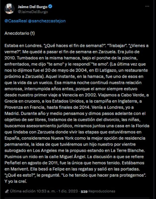 Los mensajes eliminados de Jaime Del Burgo sobre Letizia de España / Captura de pantalla