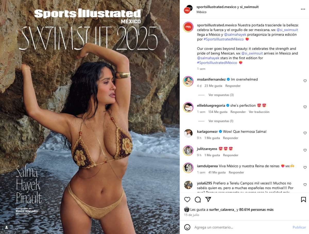 Salma Hayek es la portada de ‘Sports Illustrated’, en su primera edición en México / Foto: Instagram @sportsillustrated.mexico