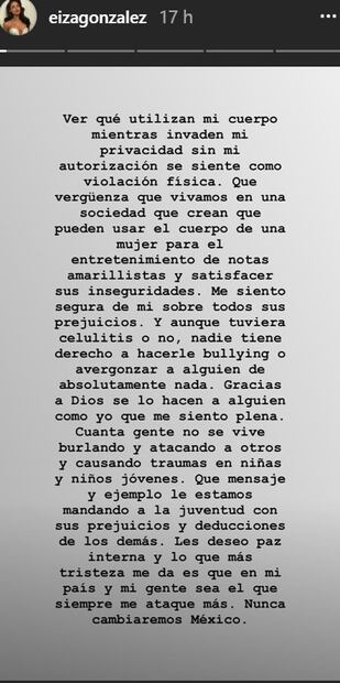 Eiza González dedica mensaje a todos los que se burlaron de su celulitis