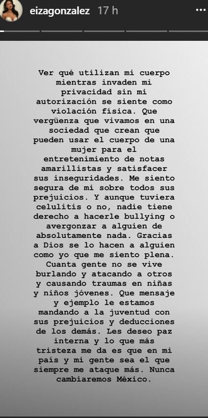 Eiza González dedica mensaje a todos los que se burlaron de su celulitis
