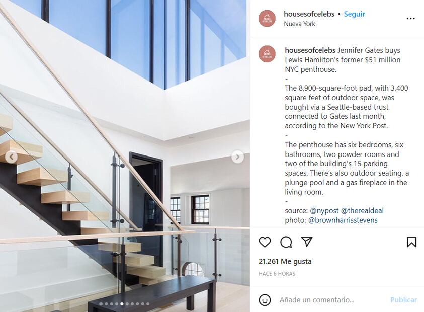 Así es el millonario departamento de la hija de Bill Gates que perteneció al piloto Lewis Hamilton