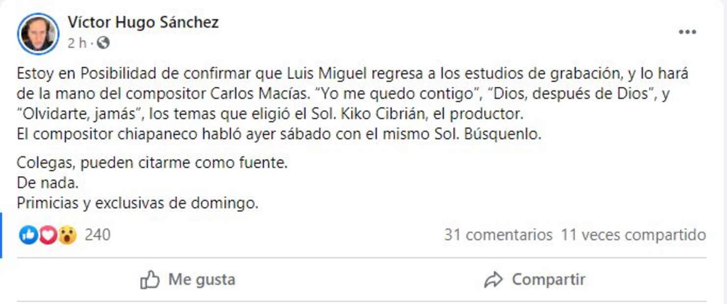 Luis Miguel regresa a los estudios de grabación con temas de Carlos Macías