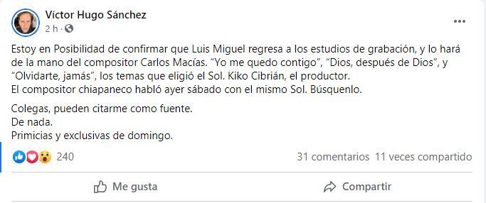 Luis Miguel regresa a los estudios de grabación con temas de Carlos Macías