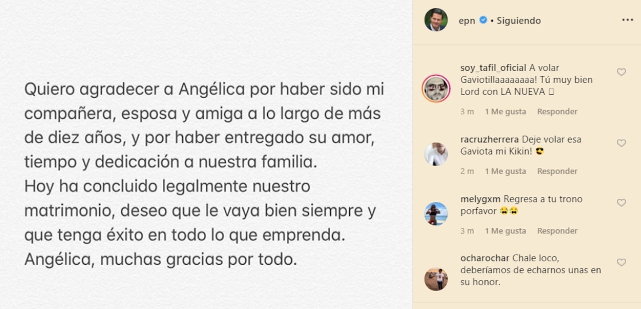 Enrique Peña Nieto confirma que su matrimonio con Angélica Rivera ha llegado a su fin