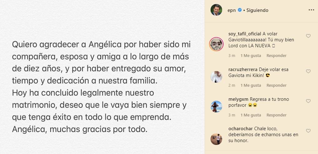 Enrique Peña Nieto confirma que su matrimonio con Angélica Rivera ha llegado a su fin