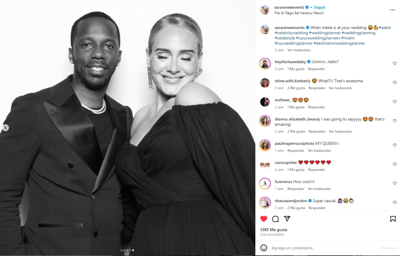 Adele y Rich Paul / Instagram: @sarareneeevents