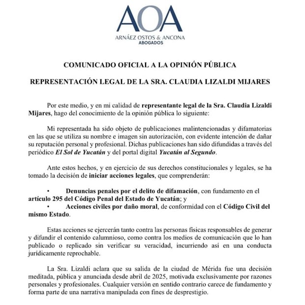 El comunicado compartido por Claudia Lizaldi / Foto: Instagram @claudializaldi