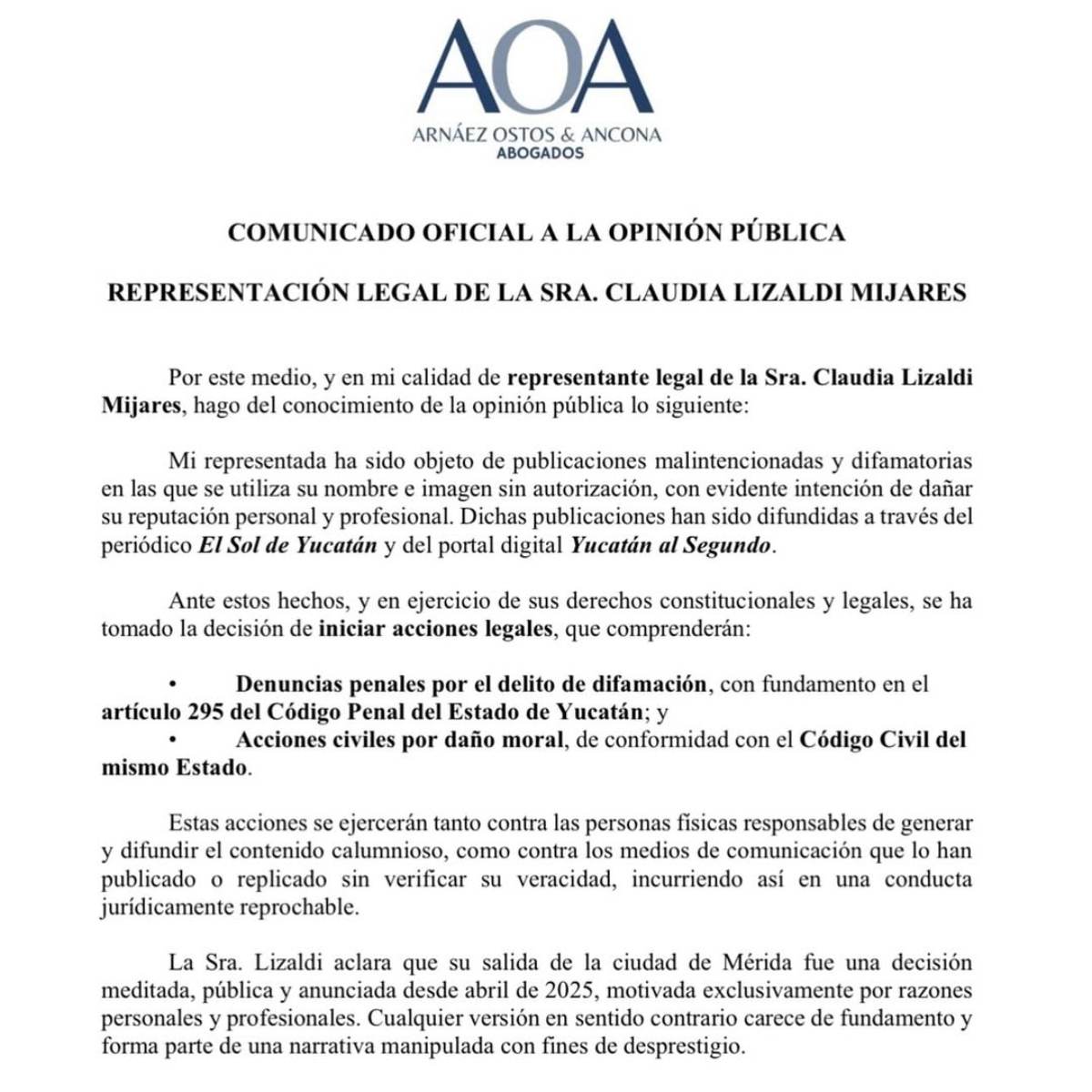 El comunicado compartido por Claudia Lizaldi / Foto: Instagram @claudializaldi