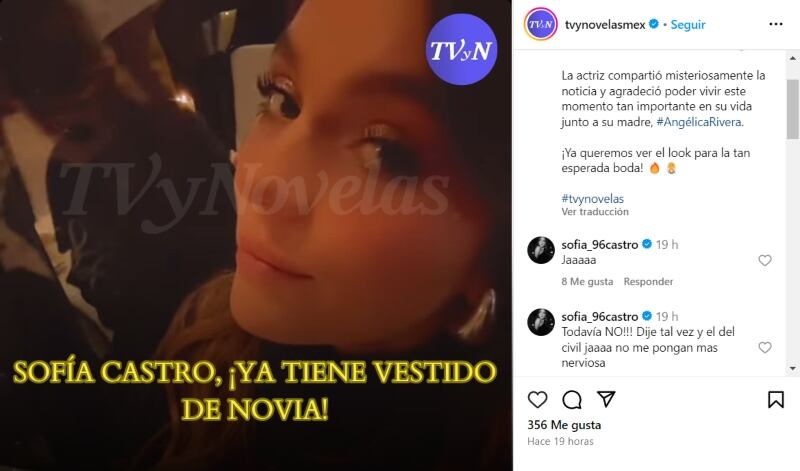 Sofía Castro responde a TV y Novelas sobre haber encontrado su vestido/Instagram.