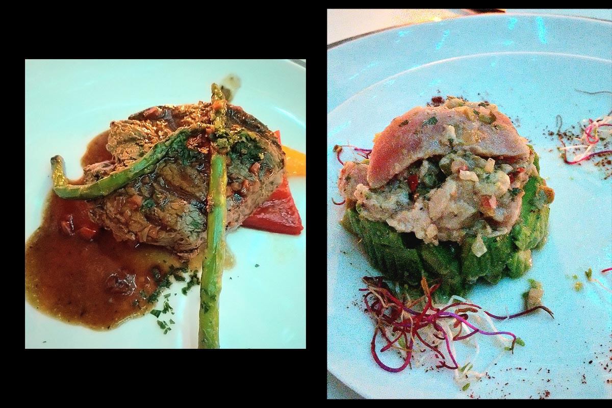 Filete de res a la pimienta con espárragos y pimientos salteados y Tiradito de atún con aguacate. (Foto: Especial)
