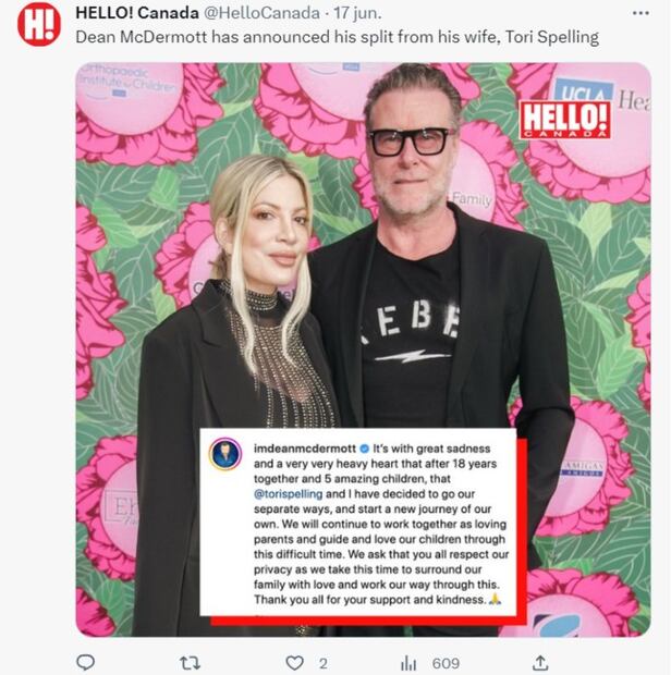 El comunicado con el que Dean McDermott anunciaba su separación de Tori Spelling / Twitter