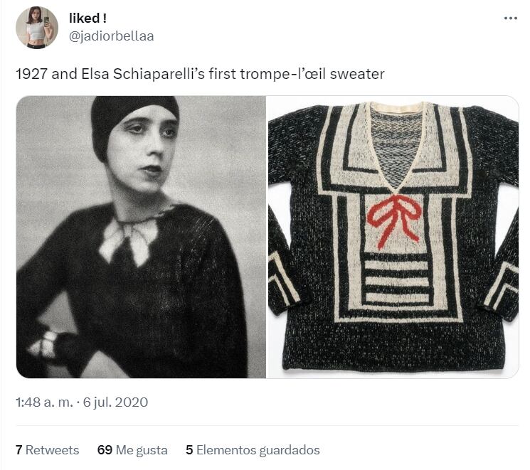 Elsa Schiaparelli fue una pionera del trampantojo al diseñar un sueter de punto con esta tecnica en 1927
