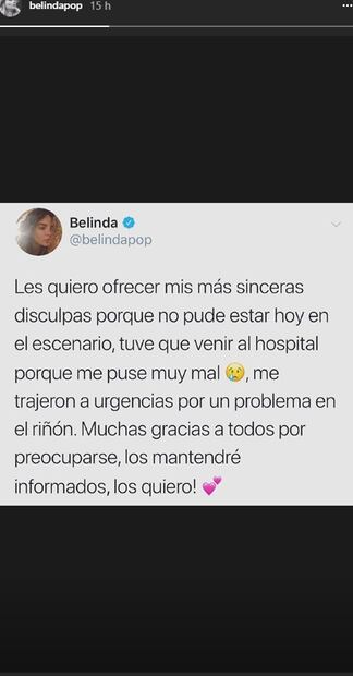 Belinda es hospitalizada de emergencia