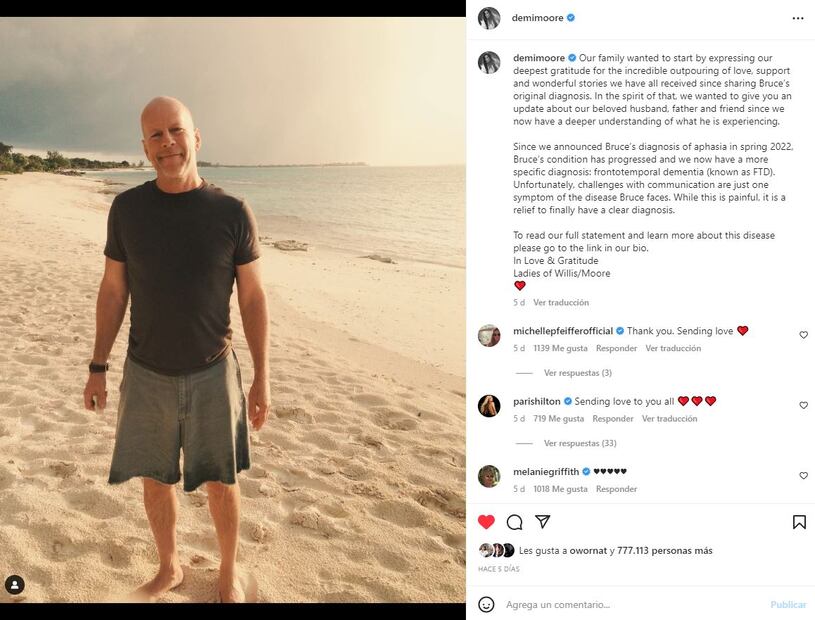 La mamá de Bruce Willis, abatida tras la enfermedad de su hijo