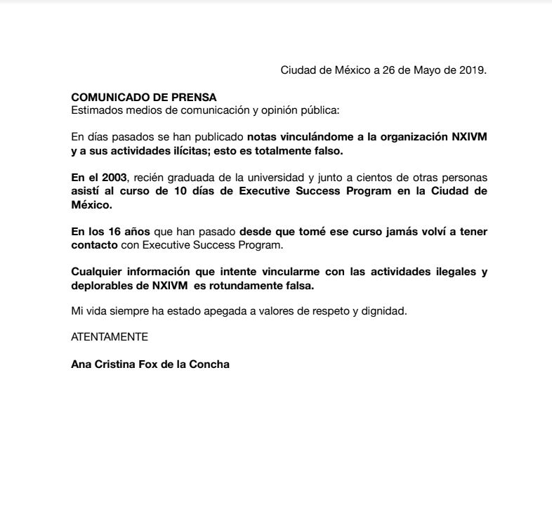 Ana Cristina Fox se deslinda de la organización NXIVM 