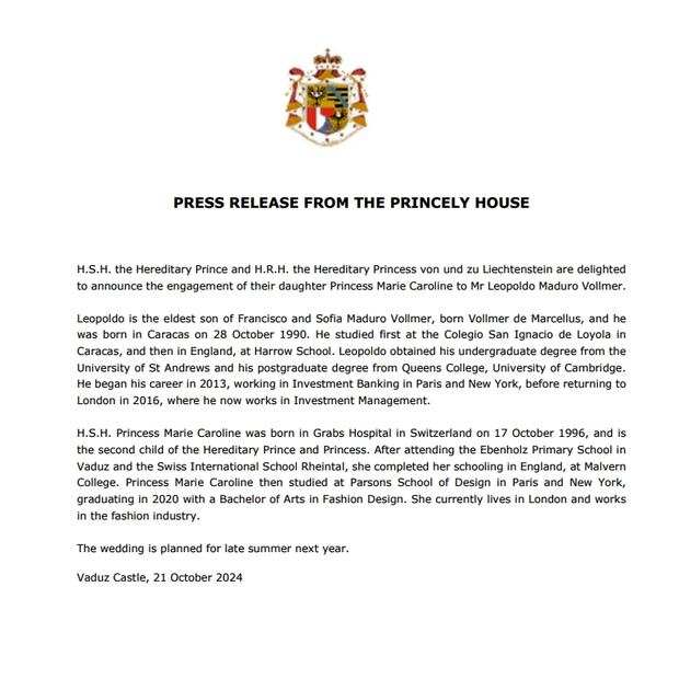 Comunicado de la Casa Real de Liechtenstein / Foto: Captura
