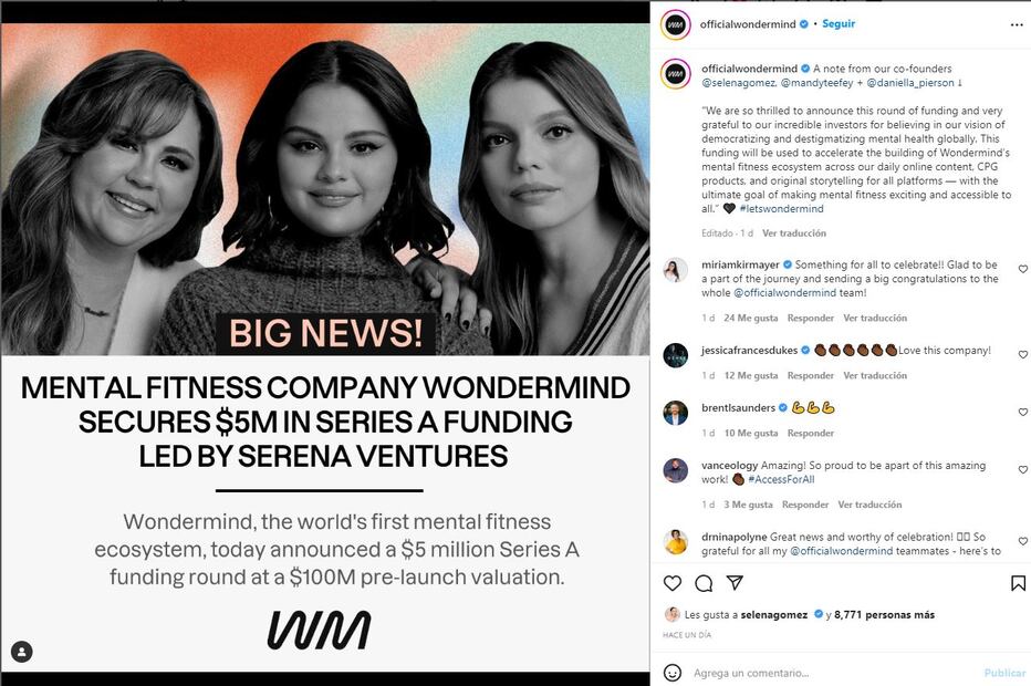 La startup de Selena Gomez, Wondermind, valuada en 100 millones de dólares