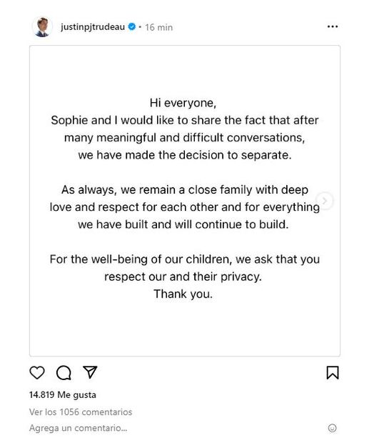 El mensaje de Trudeau en Instagram