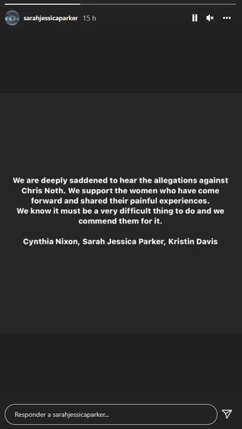 Sarah Jessica Parker se pronuncia sobre acusaciones contra Chris Noth de abuso sexual