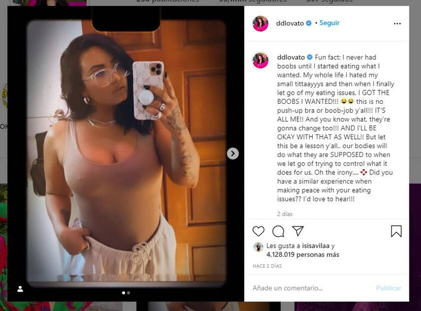 "Nunca tuve senos hasta que comencé a comer lo que quería", Demi Lovato