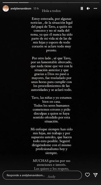 Andy Benavides asegura que no conoce a su suegro. “Todos cometemos errores”