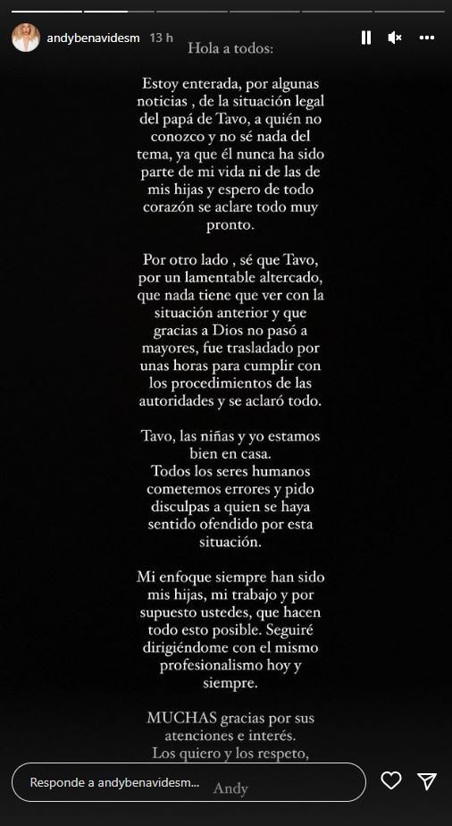 Andy Benavides asegura que no conoce a su suegro. “Todos cometemos errores”