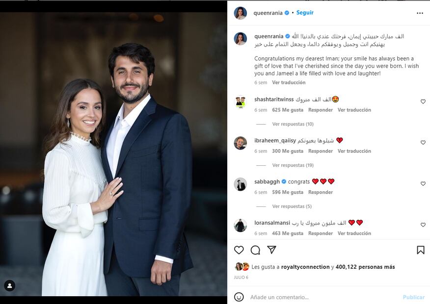 La reina Rania de Jordania anuncia el compromiso del príncipe Hussein