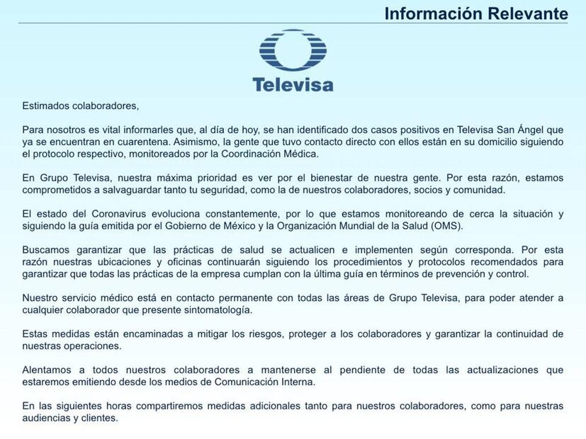 Televisa y la ANDI confirman los primeros casos de coronavirus