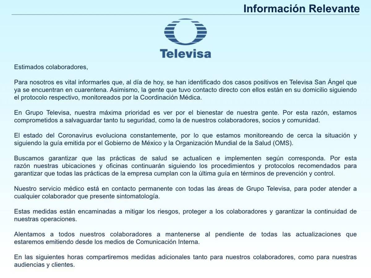 Televisa y la ANDI confirman los primeros casos de coronavirus