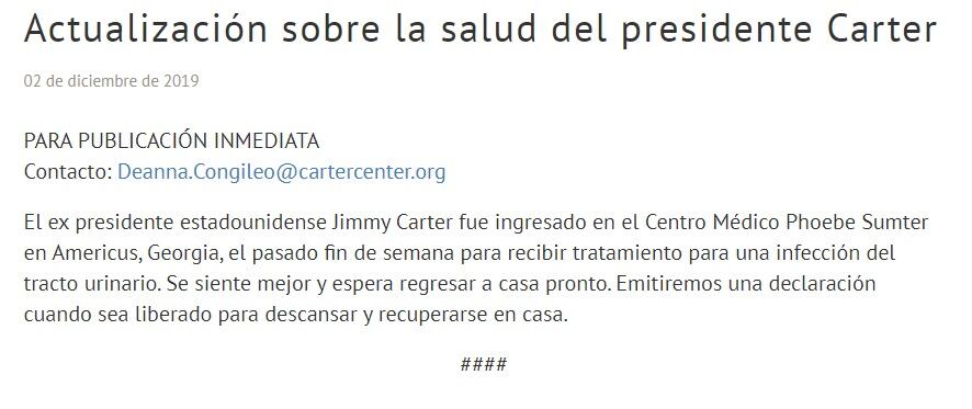Jimmy Carter, ex presidente de Estados Unidos, fue hospitalizado de emergencia