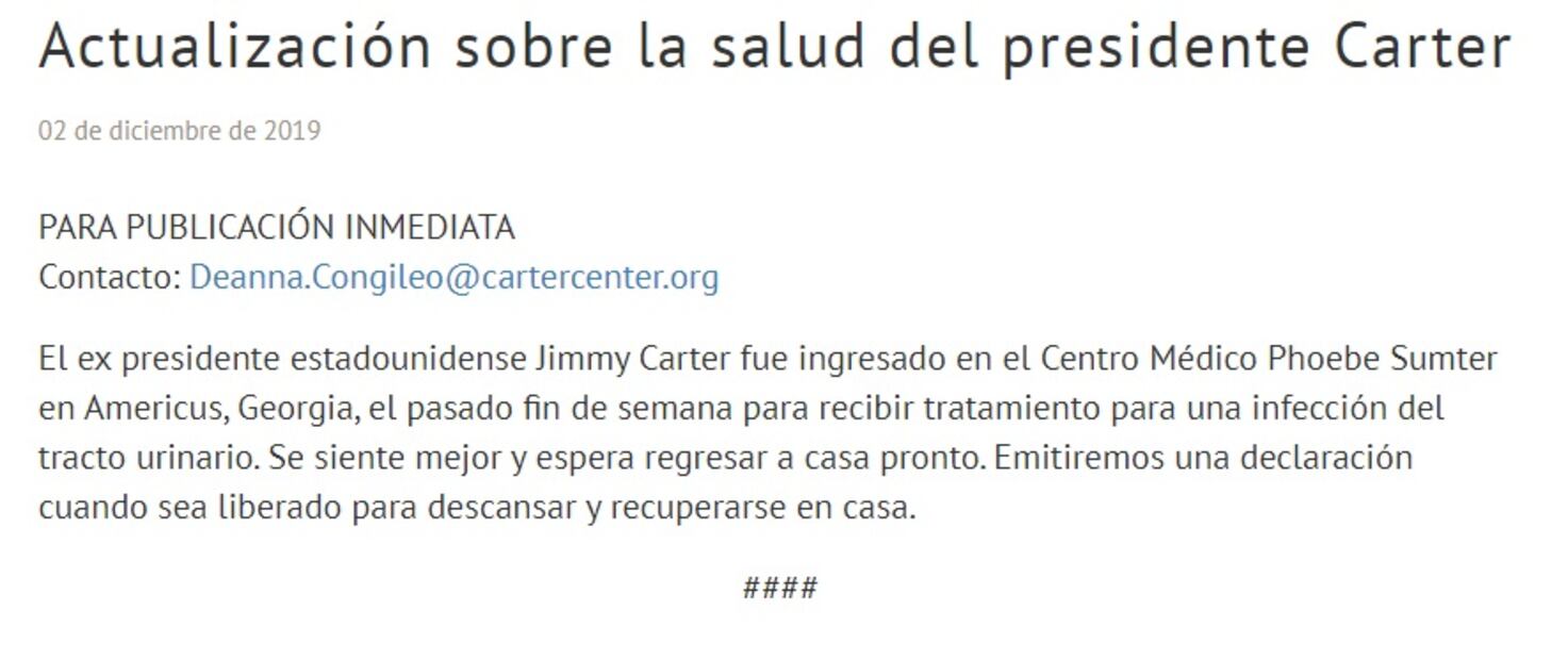 Jimmy Carter, ex presidente de Estados Unidos, fue hospitalizado de emergencia