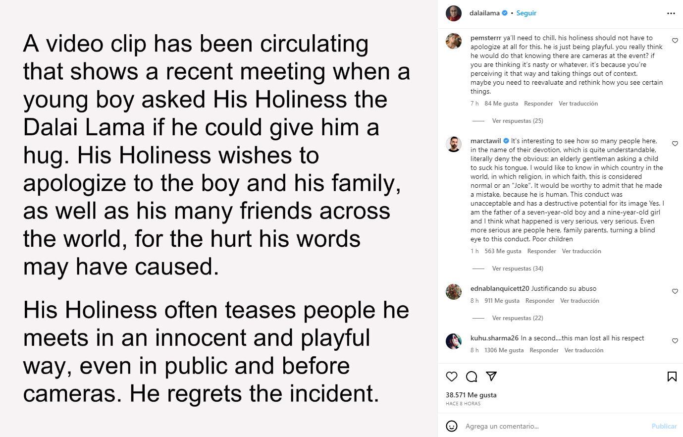 Dalai Lama se disculpa por indignante video que lo delata besando a un niño