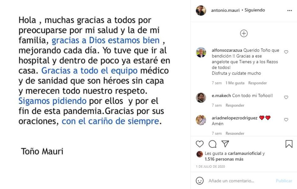 Toño Mauri pronto regresará a su casa