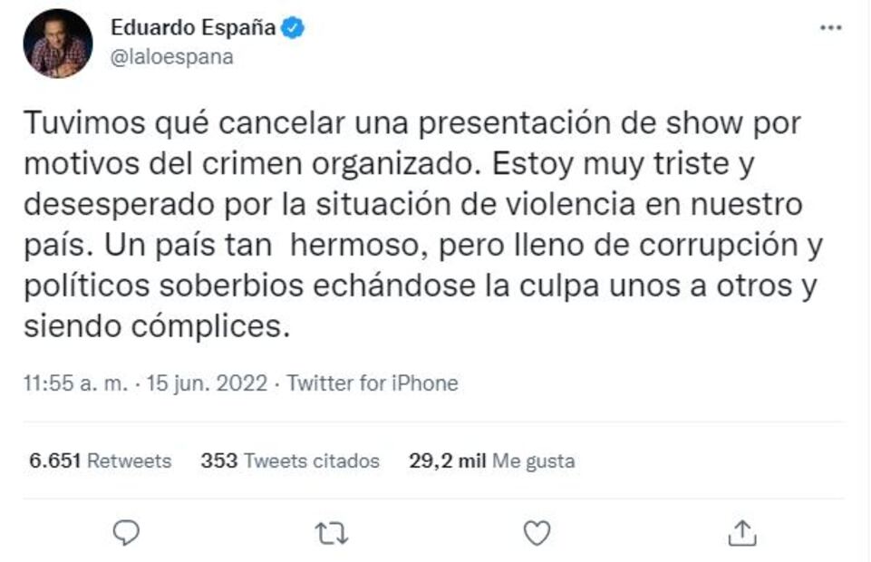 Lalo España denuncia que canceló show por motivos del crimen organizado