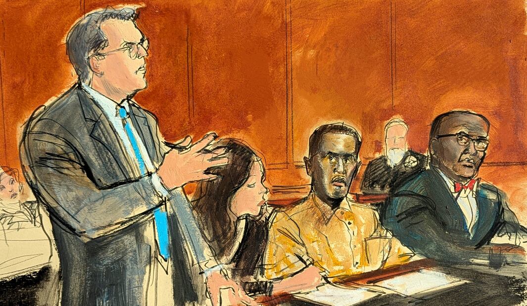 Boceto de la sala del tribunal donde se encuentran Marc Agnifilo, abogado defensor y Sean "Diddy" Combs con uniforme de prisión / Foto: AP