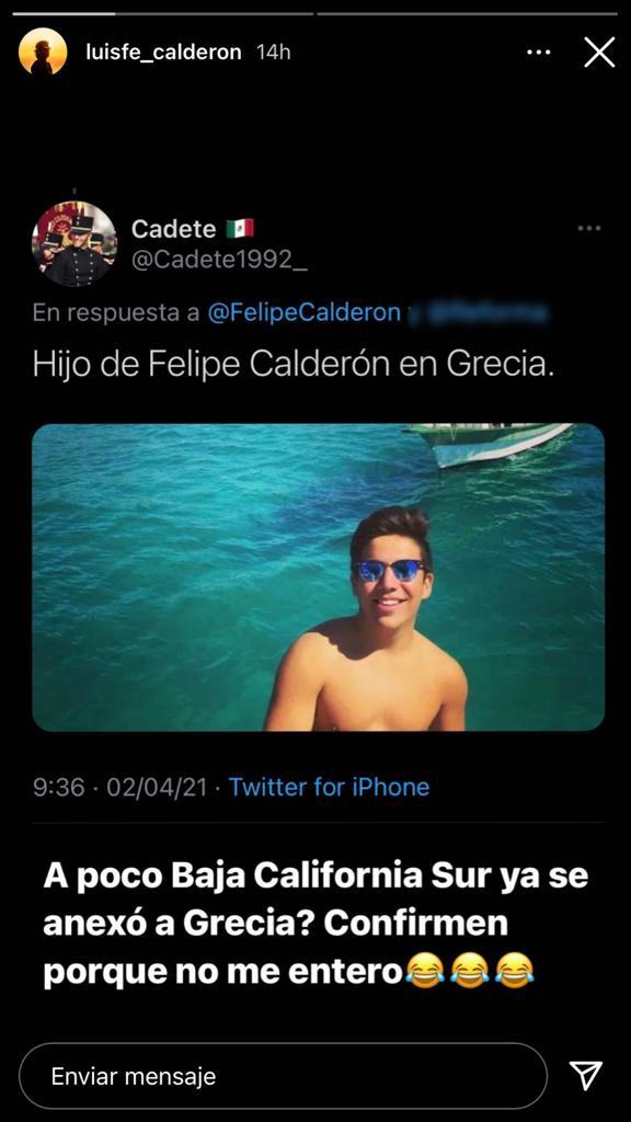 Hijo de Felipe Calderón critica viaje de hijo de López Obrador