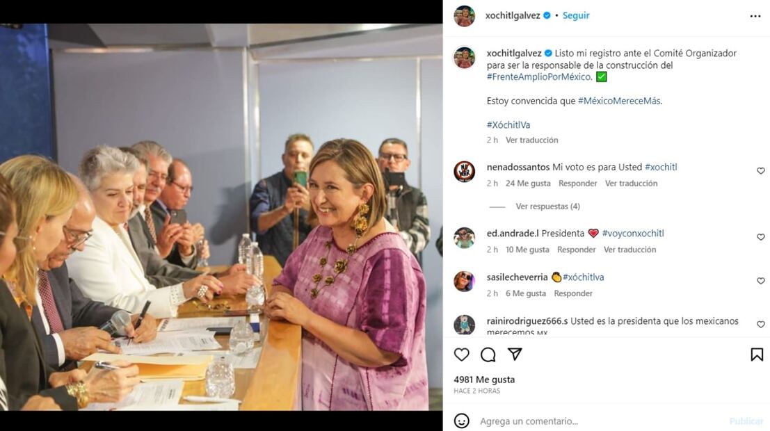 Xóchitl Gálvez se registra ante el Comité Organizador del Frente Amplio por México / Instagram