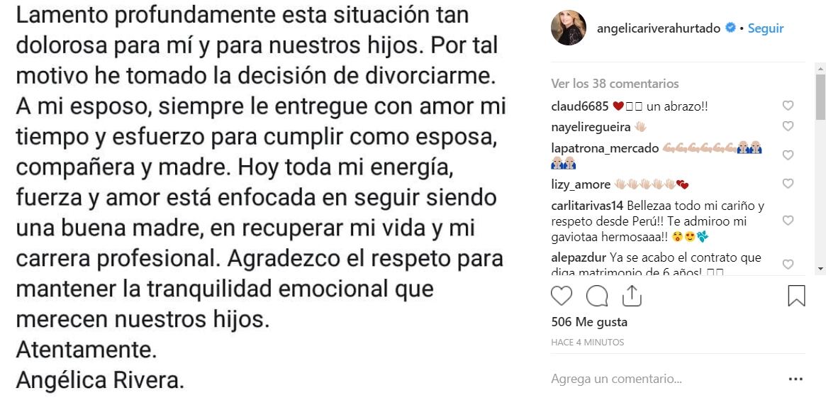 Con estas palabras Angélica Rivera anuncia su divorcio de Enrique Peña Nieto 
