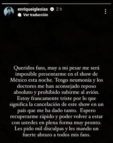 El comunicado de Enrique Iglesias / Instagram