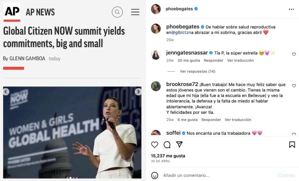 Phoebe, hija de Bill Gates, en una conferencia sobre el cambio climático / Instagram: @phoebegates