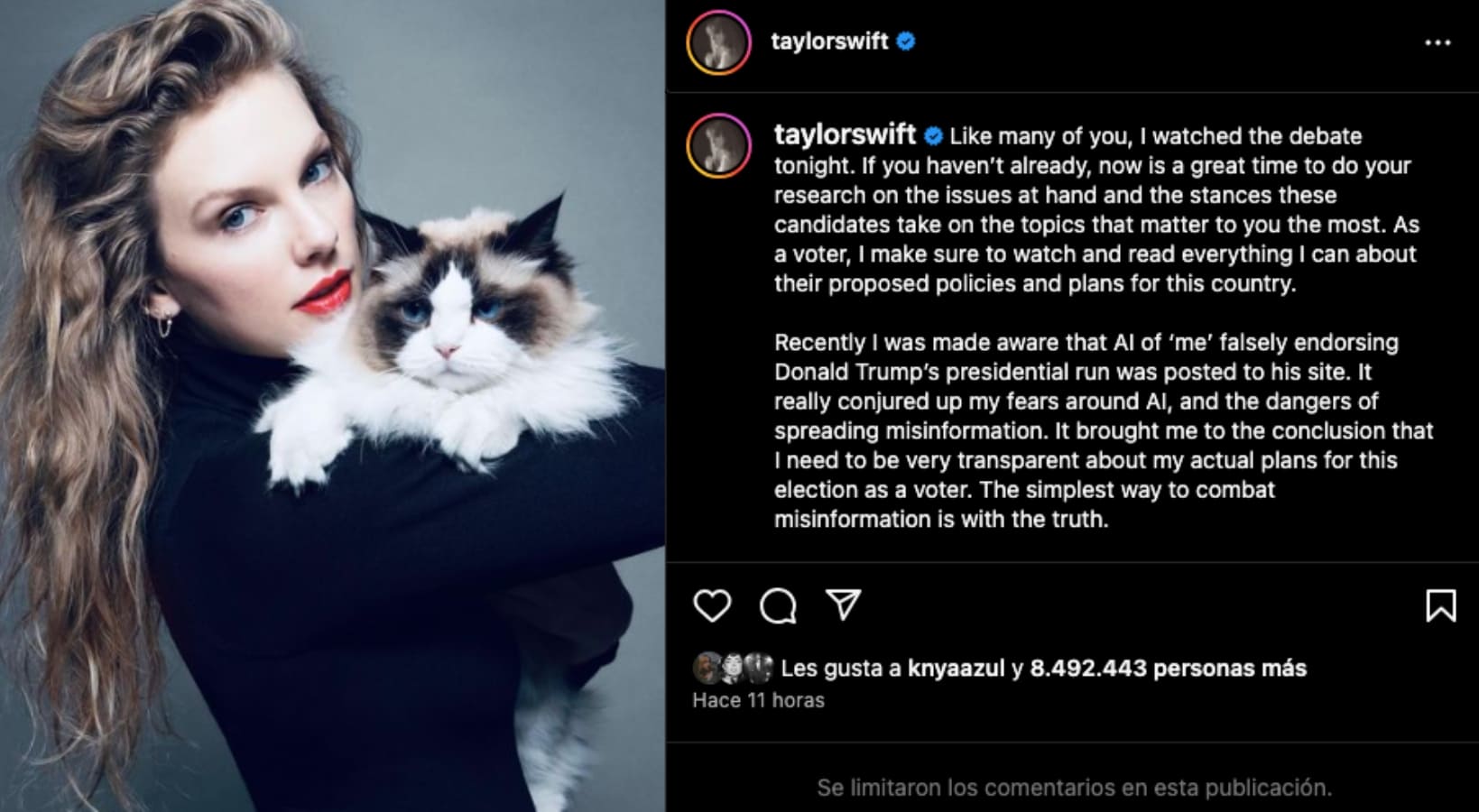 El mensaje de Taylor Swift en apoyo a Kamala Harris previo a las Elecciones 2024 / Foto: Instagram
