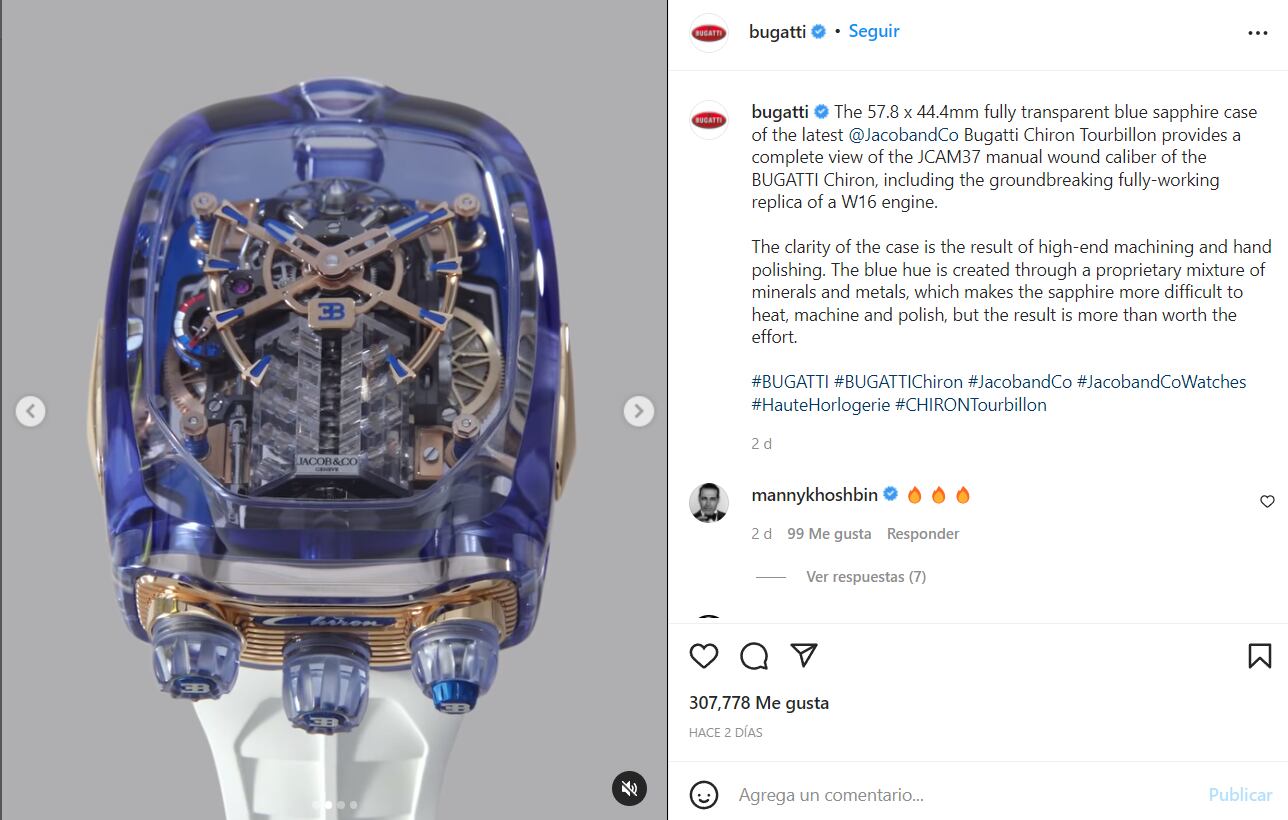 El nuevo reloj Bugatti que funciona con un motor de 16 cilindros